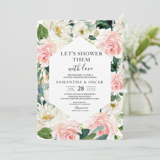 ピンクエレガントとホワイトウォーターのカラーフローラフレーム 招待状 (スタンド正面)