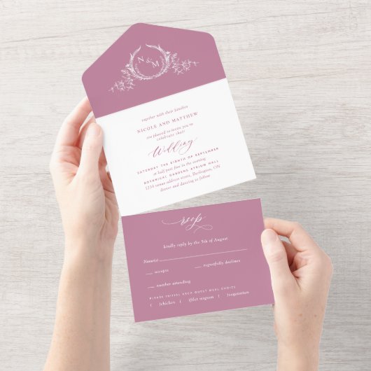 ピンクエレガントとホワイトモノグラム結婚ズ オールインワン招待状 (貼ってはがせる)