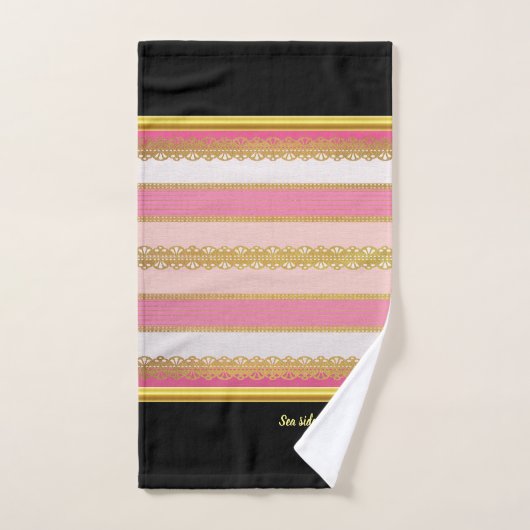 ピンクエレガントと白のこうもり付き金ストライプ箔 バスタオルセット (ハンドタオル)