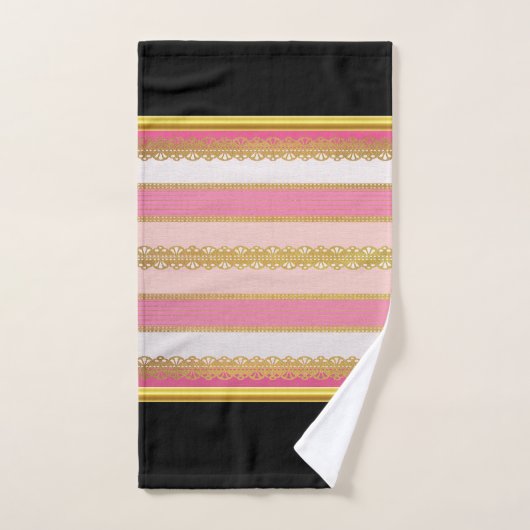 ピンクエレガントと白のこうもりB付き金ストライプ箔 バスタオルセット (ハンドタオル)