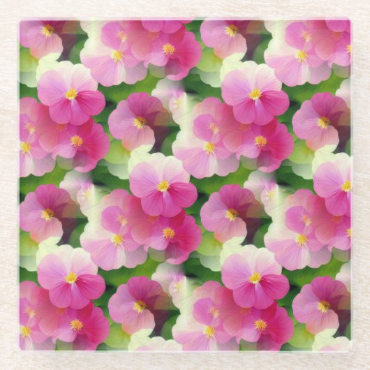ピンクエレガントと白のインパティエンズフラワーパターン ガラスコースター (正面)