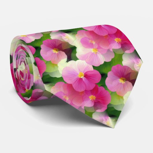 ピンクエレガントと白のインパティエンズフラワーパターン ネクタイ (ロール)