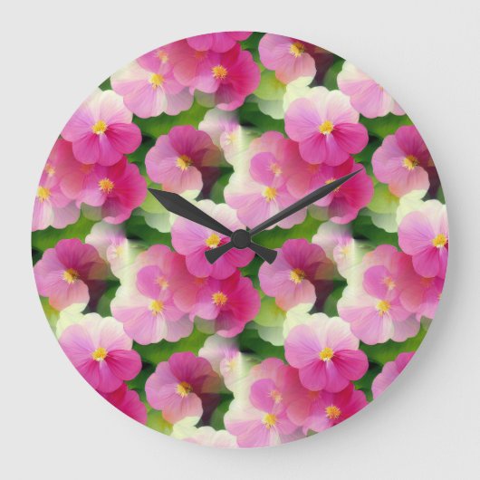 ピンクエレガントと白のインパティエンズフラワーパターン ラージ壁時計 (正面)