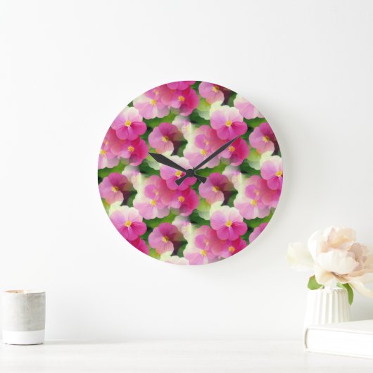 ピンクエレガントと白のインパティエンズフラワーパターン ラージ壁時計 (ホーム)