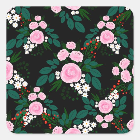 ピンクエレガントと白のフローラの水の絵を描色 スクエアシール (正面)