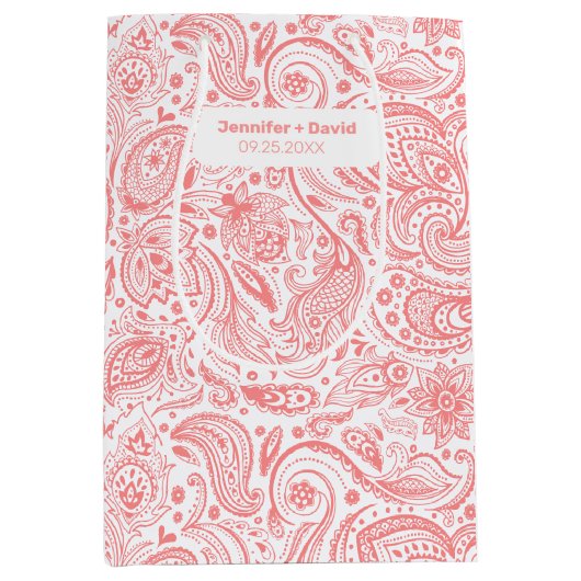 ピンクエレガントと白のフローラペイズリーパターン ミディアムペーパーバッグ (正面)