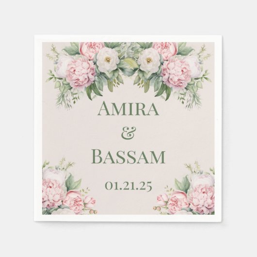 ピンクエレガントと白のフローラムスリム結婚ズ スタンダードカクテルナプキン (正面)