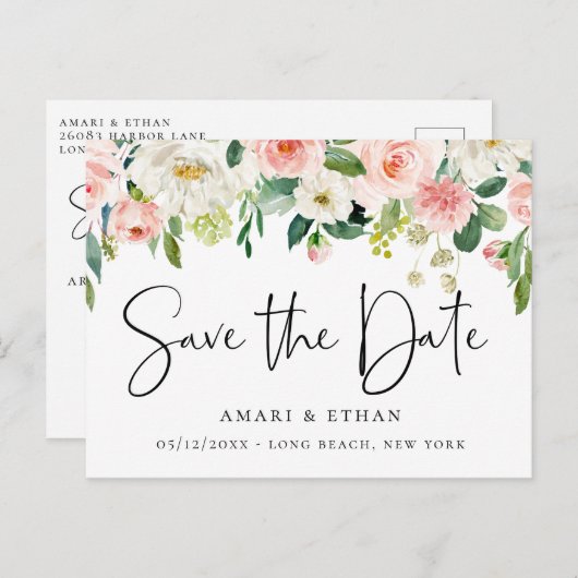 ピンクエレガントと白のフローラ日付の保存 案内ポストカード (正面/裏面)