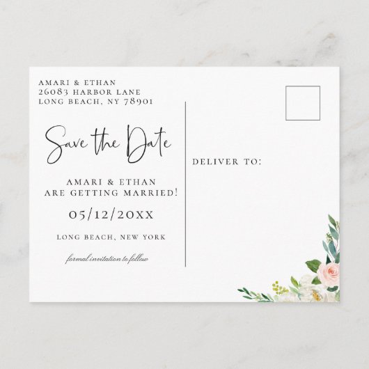 ピンクエレガントと白のフローラ日付の保存 案内ポストカード (裏面)