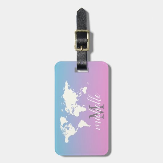 ピンクエレガントと白の旅行世界地図,飛行機 ラゲッジタグ (正面縦)