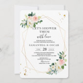 ピンクエレガントと白の水色の花の金ゴールドドロップ 招待状 (正面)