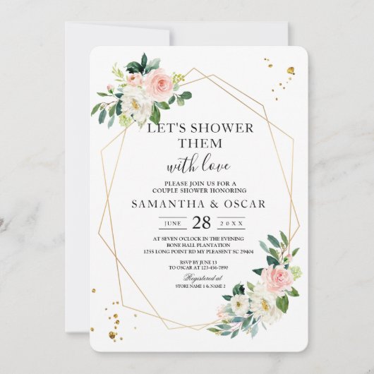 ピンクエレガントと白の水色の花の金ゴールドドロップ 招待状 (正面)