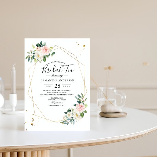 ピンクエレガントと白の水色の花の金ゴールドドロップ 招待状