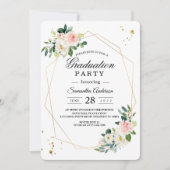 ピンクエレガントと白の水色の花の金ゴールドドロップ 招待状 (正面)