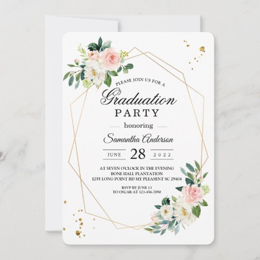 ピンクエレガントと白の水色の花の金ゴールドドロップ 招待状 (正面)