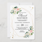 ピンクエレガントと白の水色の花の金ゴールドドロップ 招待状 (正面)