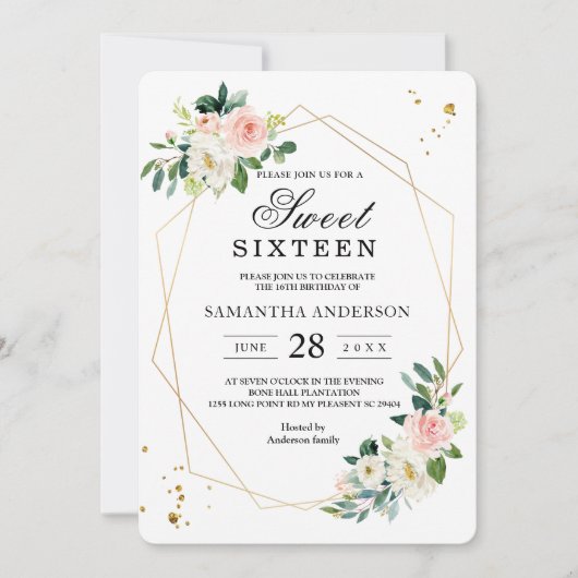 ピンクエレガントと白の水色の花の金ゴールドドロップ 招待状 (正面)