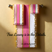 ピンクエレガントと白の金ゴールドストライプ バスタオルセット