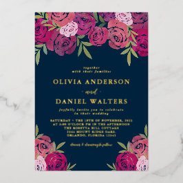 ピンクエレガントと紫のバラブルー結婚の金ゴールド 箔招待状