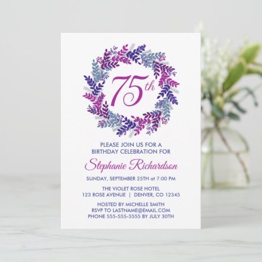 ピンクエレガントと紫のリース75誕生日 招待状 (スタンド正面)