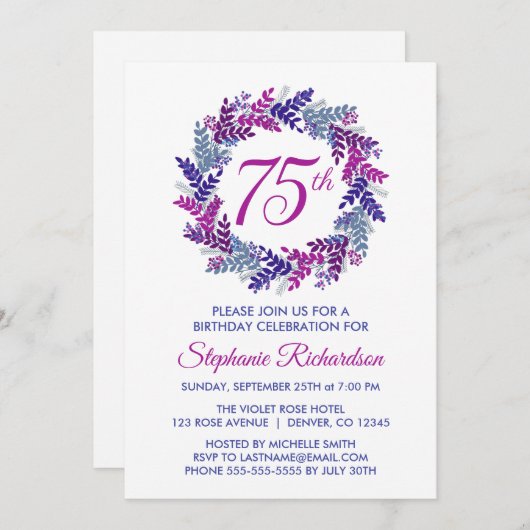 ピンクエレガントと紫のリース75誕生日 招待状 (正面/裏面)