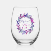 ピンクエレガントと紫のリース75th誕生日パーティー ステムなしワイングラス (正面)
