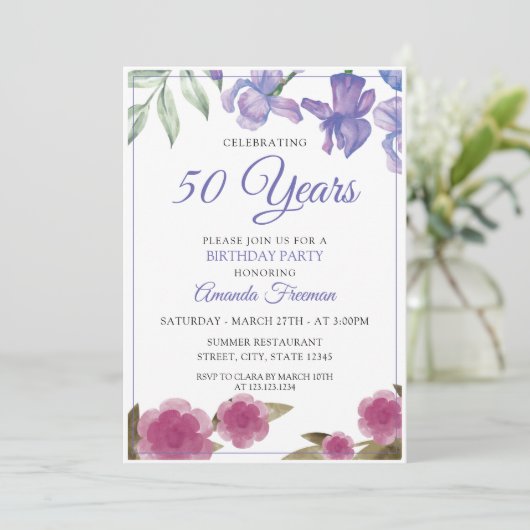 ピンクエレガントと紫の花マザー誕生日 招待状 (スタンド正面)