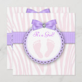 ピンクエレガントと紫の赤ちゃんシャワーの足跡 招待状 (正面/裏面)