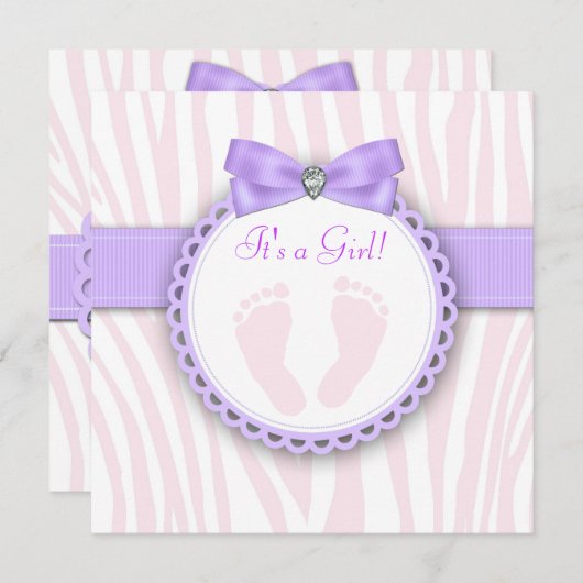 ピンクエレガントと紫の赤ちゃんシャワーの足跡 招待状 (正面/裏面)
