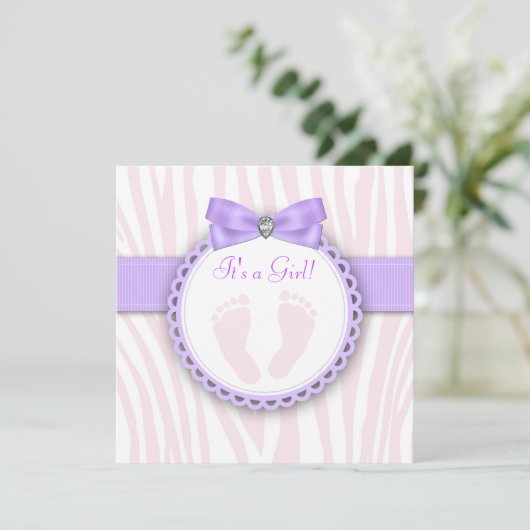 ピンクエレガントと紫の赤ちゃんシャワーの足跡 招待状 (スタンド正面)