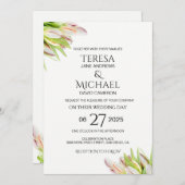 ピンクエレガントと緑のチューリ結婚ップの水色 招待状 (正面/裏面)