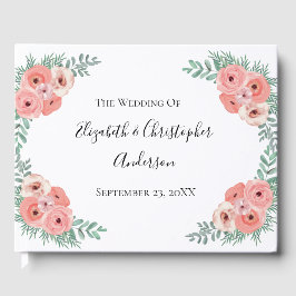 ピンクエレガントと緑のフローラ水の色結婚の ゲストブック