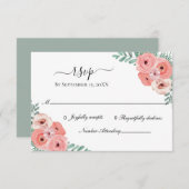 ピンクエレガントと緑のフローラ水の色結婚の 出欠カード (正面/裏面)