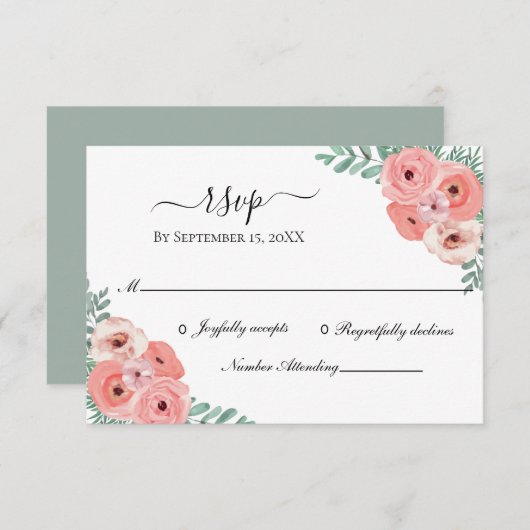 ピンクエレガントと緑のフローラ水の色結婚の 出欠カード (正面/裏面)