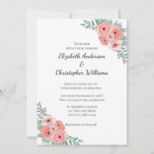 ピンクエレガントと緑のフローラ水の色結婚の 招待状 (正面)
