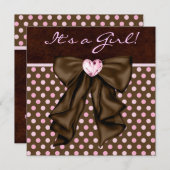 ピンクエレガントと茶色の赤ちゃんガールシャワー 招待状 (正面/裏面)