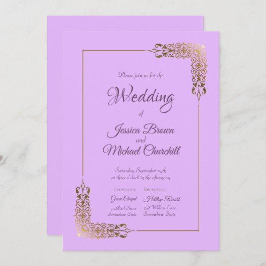 ピンクエレガントと華美金ゴールドレース教会結婚の 招待状 (正面/裏面)