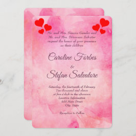 ピンクエレガントと赤いハートバレンタイン結婚の 招待状