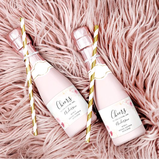 ピンクエレガントと赤のフローラブライダルシャワー スパークリングワインラベル