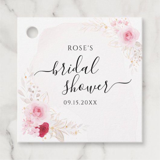 ピンクエレガントと赤のフローラブライダルシャワー フェイバータグ (正面)