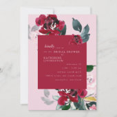ピンクエレガントと赤のフローラブライダルシャワー 招待状 (正面)
