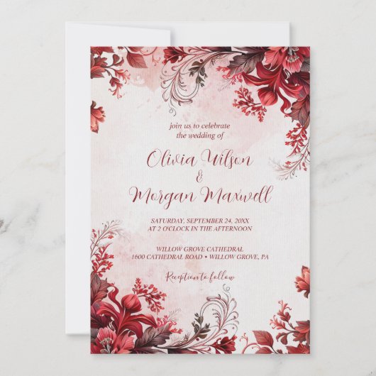 ピンクエレガントと赤のフローラ結婚の 招待状 (正面)