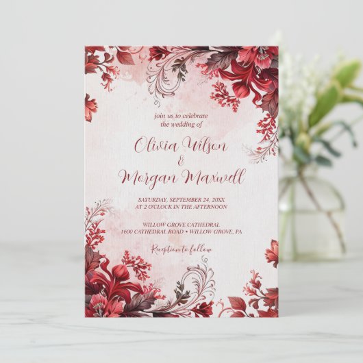 ピンクエレガントと赤のフローラ結婚の 招待状 (スタンド正面)