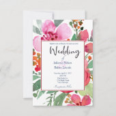 ピンクエレガントと赤のフローラ結婚式招待状 招待状 (正面)