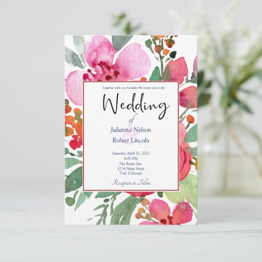 ピンクエレガントと赤のフローラ結婚式招待状 招待状 (スタンド正面)