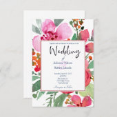 ピンクエレガントと赤のフローラ結婚式招待状 招待状 (正面/裏面)