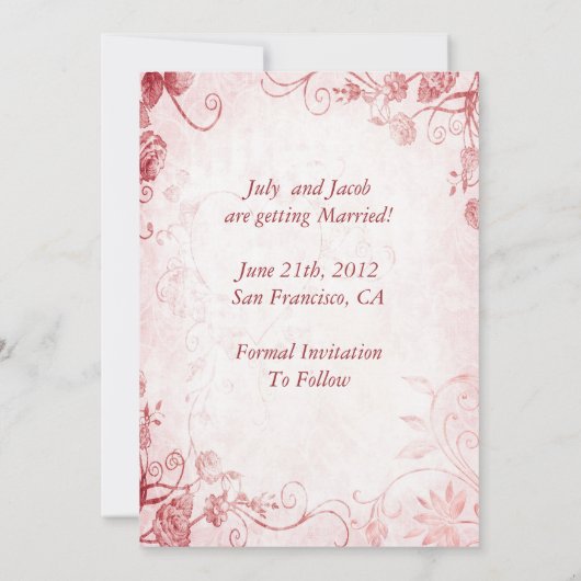 ピンクエレガントと赤のヴィンテージの結婚式は日付を保存 招待状 (裏面)