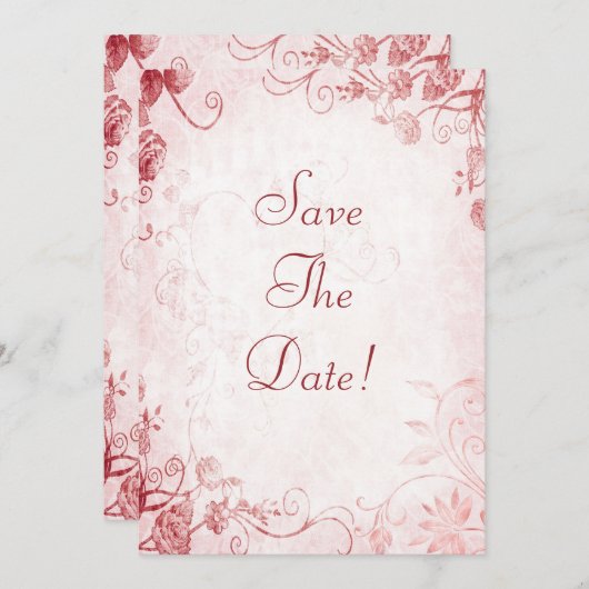 ピンクエレガントと赤のヴィンテージの結婚式は日付を保存 招待状 (正面/裏面)