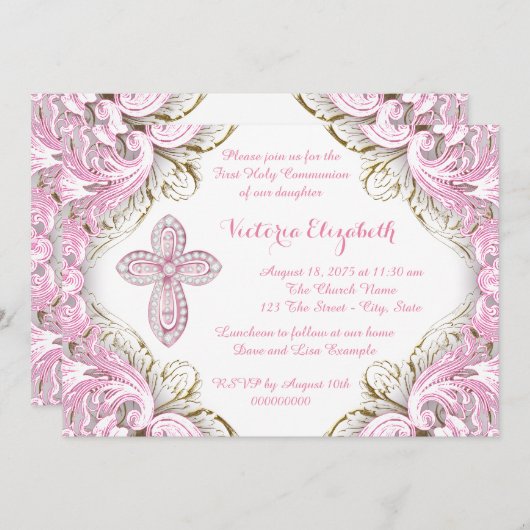 ピンクエレガントと金ゴールドのクロス第1聖餐式 招待状 (正面/裏面)