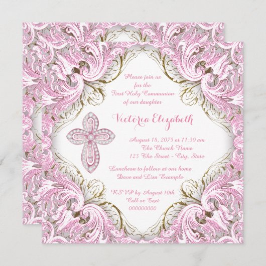 ピンクエレガントと金ゴールドのクロス第1聖餐式 招待状 (正面/裏面)